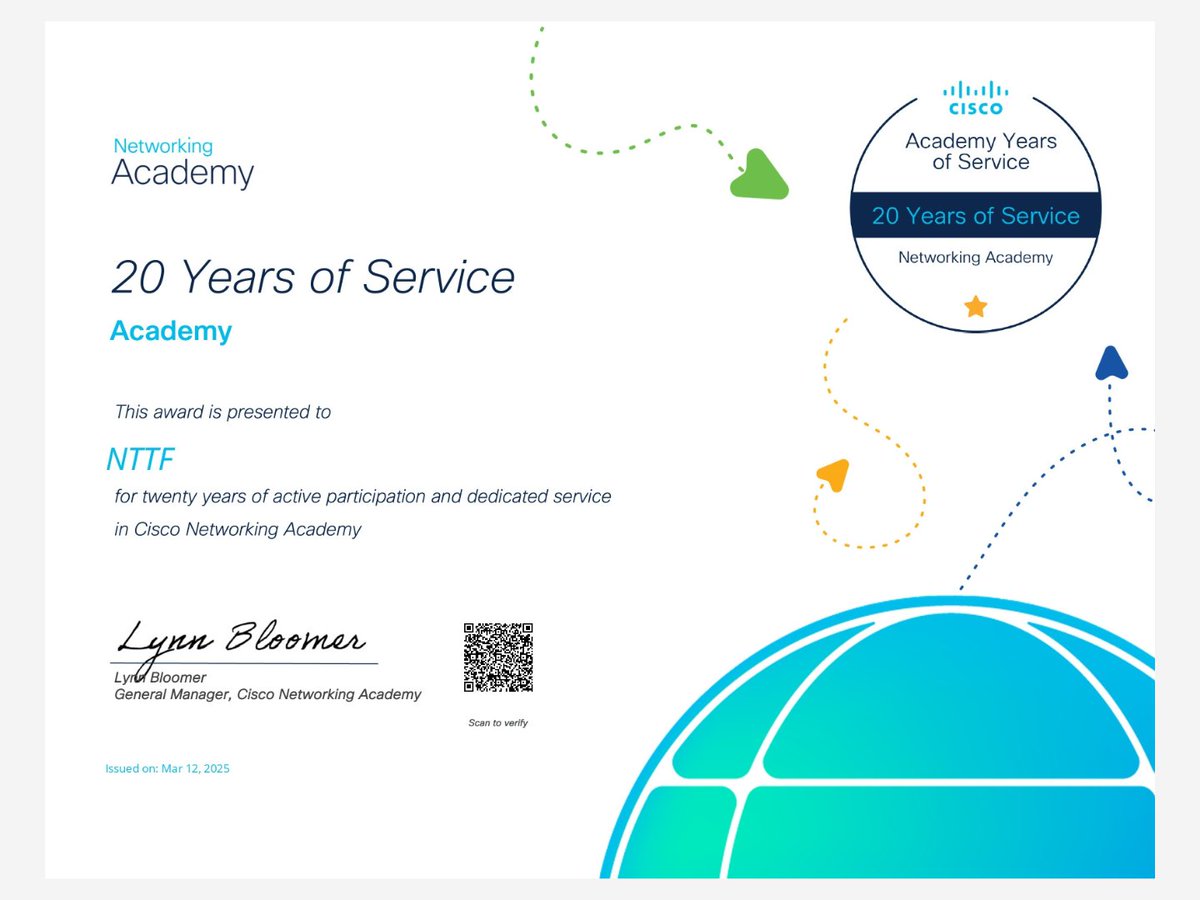NTTFindia's tweet image. Thrilled to be recognized by Cisco Networking Academy for 20 Years of Service! Thanks to our faculty, students &amp;amp; partners for making this journey possible. Here&apos;s to shaping digital futures! @CiscoNetAcad @Cisco 

#NTTF #CiscoNetworkingAcademy #20YearsOfService #SkillingIndia