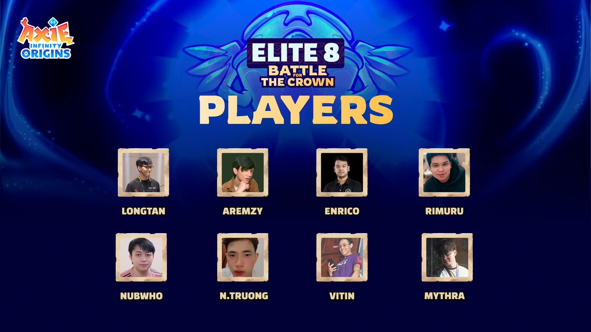 Elite 8: Battle for the Crown The ultimate showdown goes live later today!  The Top 8 players from the Season 12 Final Era Leaderboard are set to face  off in Axie Origins