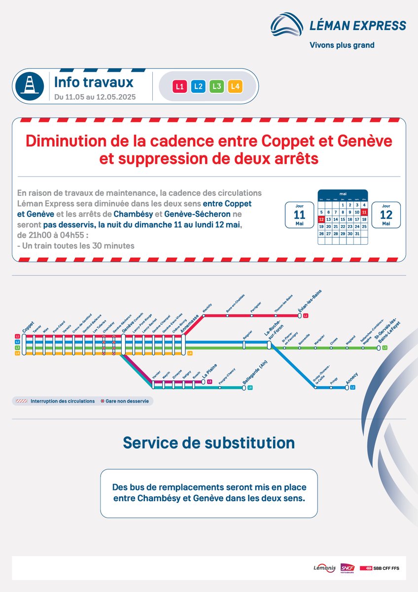 🚧 INFO TRAVAUX : Coppet &lt;&gt; Genève
🕐 Cadence diminuée dans les deux sens la nuit du 11 au 12/05, de 21h00 à 04h55.
❌ Gares de Chambésy et Genève-Sécheron non desservies.
🚌 Bus de substitution mis en place pour ces deux gares.
+ d'infos : lemanexpress.com/2025/03/24/11-…
