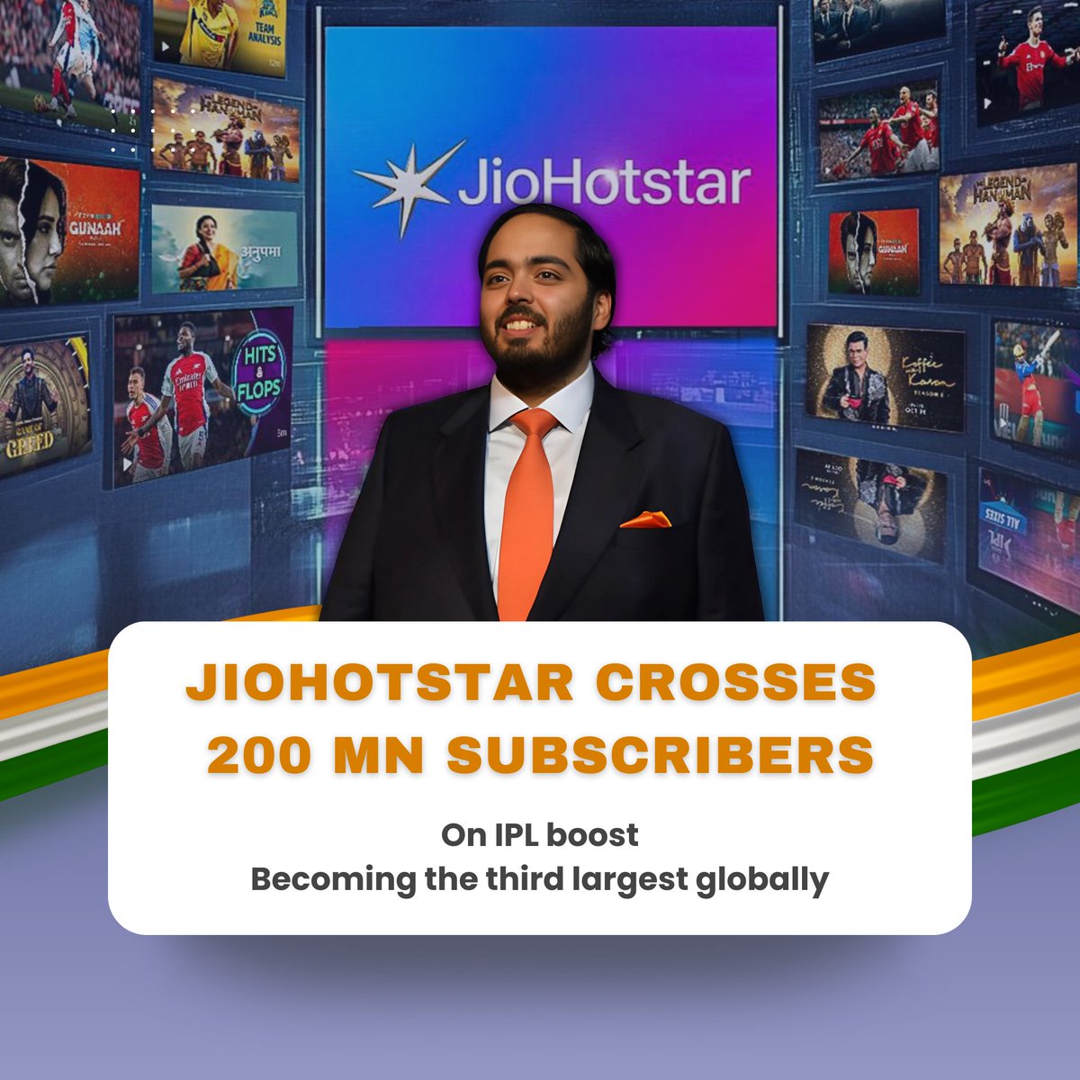 anantdadaambani's tweet photo. JioHotstar has just crossed 200 million subscribers🚀📈

On the back of the IPL’s popularity, it’s now the third-largest streaming platform globally, marking a milestone in the world of digital entertainment. Big moves, bigger impact!

#AnantDadaDT #JioHotstar #StreamingSuccess #AnantAmbaniDT #DigitalIndia #Growth #IPL