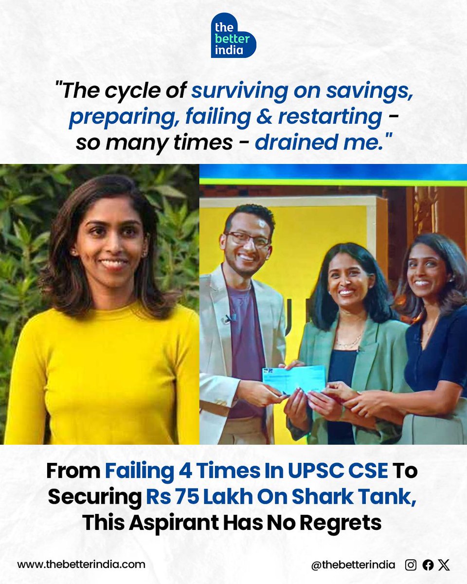 thebetterindia's tweet photo. "I failed four times in the UPSC, missing the cutoff by just one mark each time. It felt like an endless cycle of preparing, failing, and restarting," says Veda Gogineni, reflecting on her UPSC journey.
#CivilServicesDay #Entrepreneurship #Earthful #SharkTankIndia #UPSCJourney #SharkTankIndia #WomenEntrepreneurs