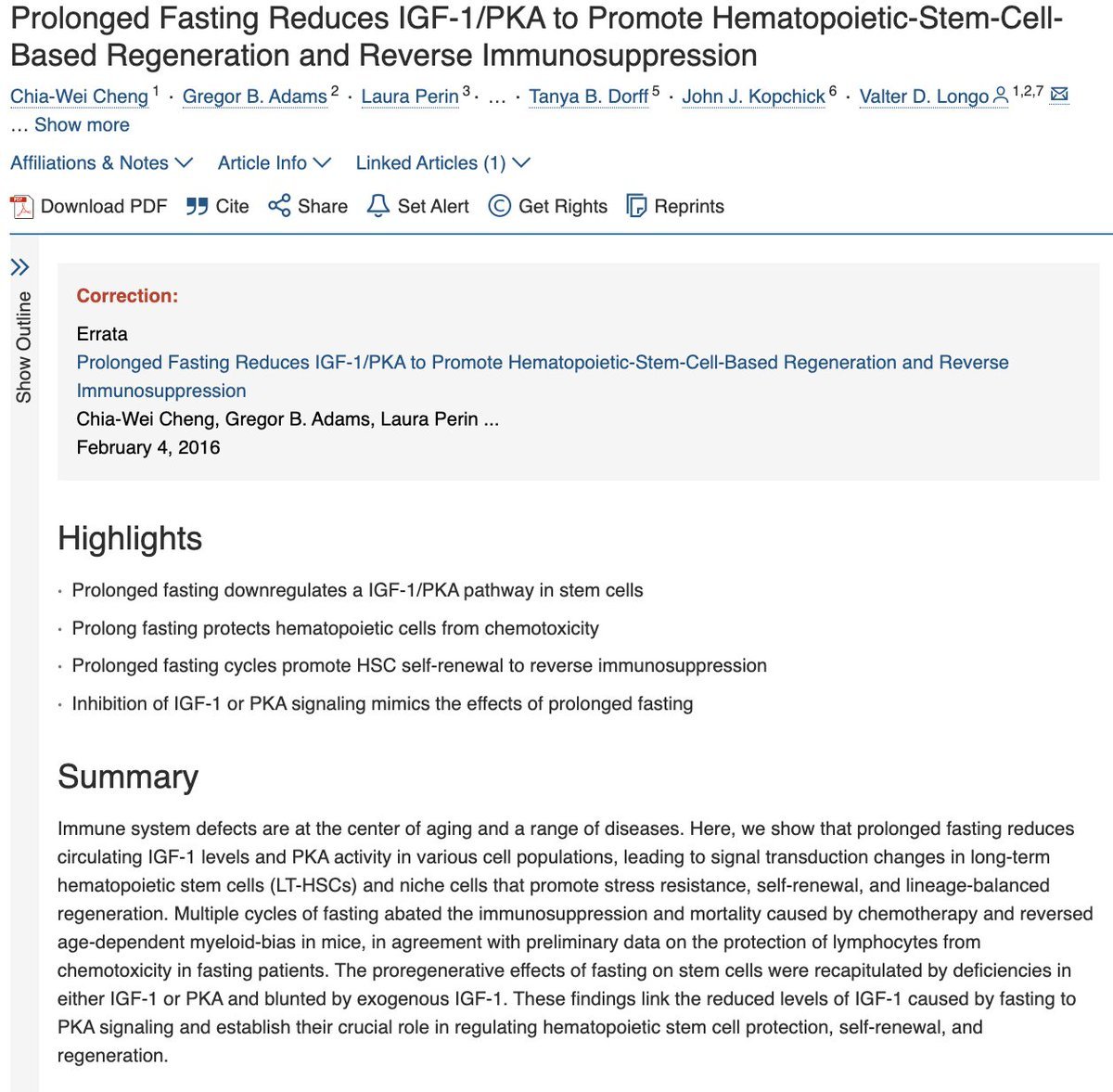 Prince_Fynnd's tweet photo. What does science say about fasting?

A 2014 USC study showed 72-hour fasts triggered stem cell-based regeneration of white blood cells, essentially rebooting the immune system.

It's widely known that fasting works for so many health conditions.

But why? Because... https://t.co/HLlvYr3pYy