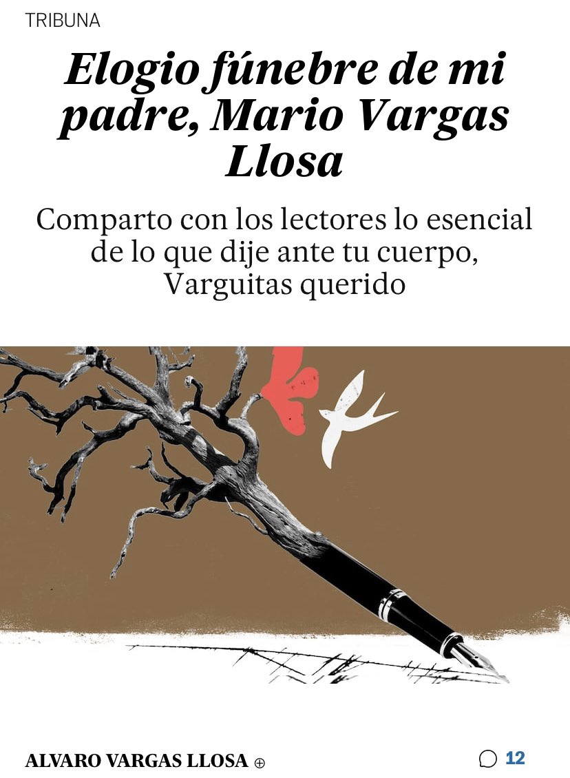 elsrgarcia (@elsrgarcia) on Twitter photo Elogio fúnebre de mi padre, Mario Vargas Llosa
Tribuna de Álvaro Vargas Llosa. Hoy 21 de abril en <a href="/el_pais/">EL PAÍS</a>
<a href="/elpais_opinion/">EL PAÍS Opinión</a>
D.A.: <a href="/quintatinta/">Diego Areso</a>
elpais.com/opinion/2025-0… Elogio fúnebre de mi padre, Mario Vargas Llosa
Tribuna de Álvaro Vargas Llosa. Hoy 21 de abril en <a href="/el_pais/">EL PAÍS</a>
<a href="/elpais_opinion/">EL PAÍS Opinión</a>
D.A.: <a href="/quintatinta/">Diego Areso</a>
elpais.com/opinion/2025-0…