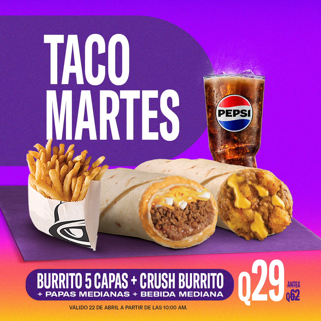 Porque el martes 🌮 es mucho mejor que el lunes 😩… y tú lo sabes. 😏🔥

Burrito 5 Capas + Crush Burrito + Papas Medianas + Bebida Mediana por Q29

Pídelo a domicilio al 2202-0111.

📲Ordena aquí lili.ly/df4102bf