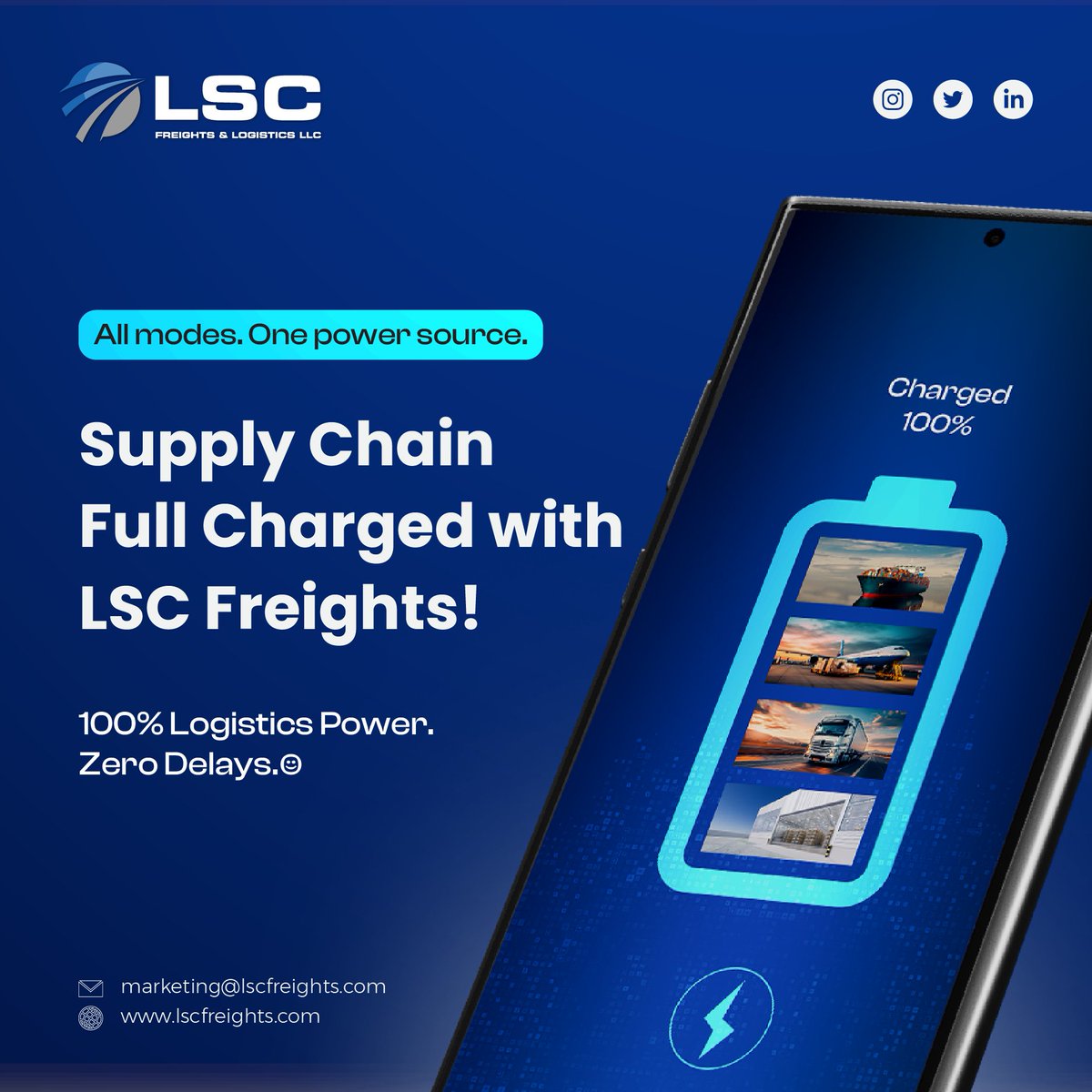 llc_lsc's tweet photo. All Modes. One Power Source.
Supply Chain Fully Charged with LSC Freight.
100% Logistics Power. Zero Delays.

Ready to supercharge your shipments?
DM us or reach out at marketing@lscfreights.com
Visit: https://t.co/hIOYB3cyLQ

#LSCFreights #FreightForwarding #LogisticsSolutions https://t.co/92Hua2DsS7