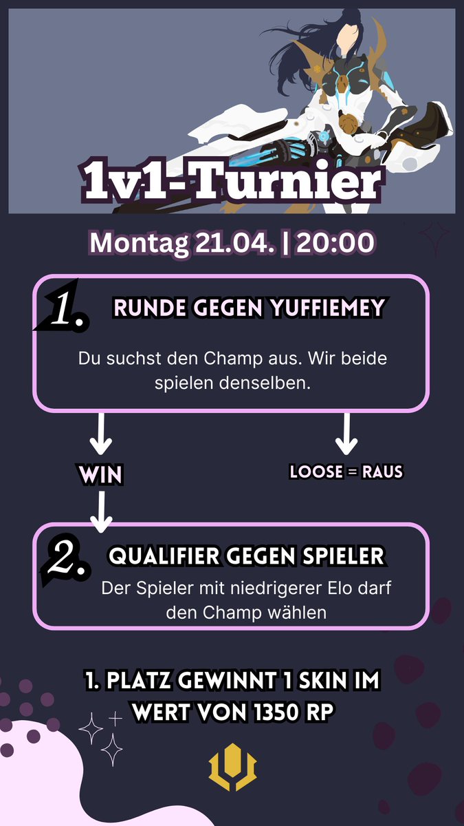 Heute 20:00 Uhr 
League of Legends 1v1-Turnier 🔥
Mach mit!

#LeagueOfLegends #twitchstreamer #Tournament #TwitchGermany #StreamerCommunity