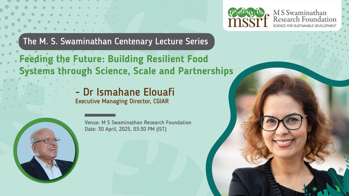 Soumya Swaminathan (@doctorsoumya) on Twitter photo Next #MSSwaminathan centenary lecture by <a href="/CGIAR_EMD/">Ismahane Elouafi</a> <a href="/IsmahaneElouafi/">Ismahane Elouafi</a> on 30 April 2025. Looking forward! <a href="/icarindia/">Indian Council of Agricultural Research.</a> <a href="/AgriGoI/">Agriculture INDIA</a> <a href="/CGIAR/">CGIAR</a> <a href="/MoHFW_INDIA/">Ministry of Health</a> <a href="/arvindpadhee/">Arabinda K Padhee</a> <a href="/ICRISAT/">ICRISAT</a> <a href="/irri/">IRRI 🌾</a> <a href="/IFPRI/">IFPRI</a> <a href="/PMenonIFPRI/">Dr. Purnima Menon</a> <a href="/TNAU_coimbatore/">Tamil Nadu Agricultural University, Coimbatore</a> <a href="/ivri_1889/">IVRI Izatnagar</a> <a href="/ISC/">International Science Council</a> <a href="/UNEP/">UN Environment Programme</a> <a href="/IUCN/">IUCN</a> <a href="/NITIAayog/">NITI Aayog</a> <a href="/the_hindu/">The Hindu</a> Next #MSSwaminathan centenary lecture by <a href="/CGIAR_EMD/">Ismahane Elouafi</a> <a href="/IsmahaneElouafi/">Ismahane Elouafi</a> on 30 April 2025. Looking forward! <a href="/icarindia/">Indian Council of Agricultural Research.</a> <a href="/AgriGoI/">Agriculture INDIA</a> <a href="/CGIAR/">CGIAR</a> <a href="/MoHFW_INDIA/">Ministry of Health</a> <a href="/arvindpadhee/">Arabinda K Padhee</a> <a href="/ICRISAT/">ICRISAT</a> <a href="/irri/">IRRI 🌾</a> <a href="/IFPRI/">IFPRI</a> <a href="/PMenonIFPRI/">Dr. Purnima Menon</a> <a href="/TNAU_coimbatore/">Tamil Nadu Agricultural University, Coimbatore</a> <a href="/ivri_1889/">IVRI Izatnagar</a> <a href="/ISC/">International Science Council</a> <a href="/UNEP/">UN Environment Programme</a> <a href="/IUCN/">IUCN</a> <a href="/NITIAayog/">NITI Aayog</a> <a href="/the_hindu/">The Hindu</a>