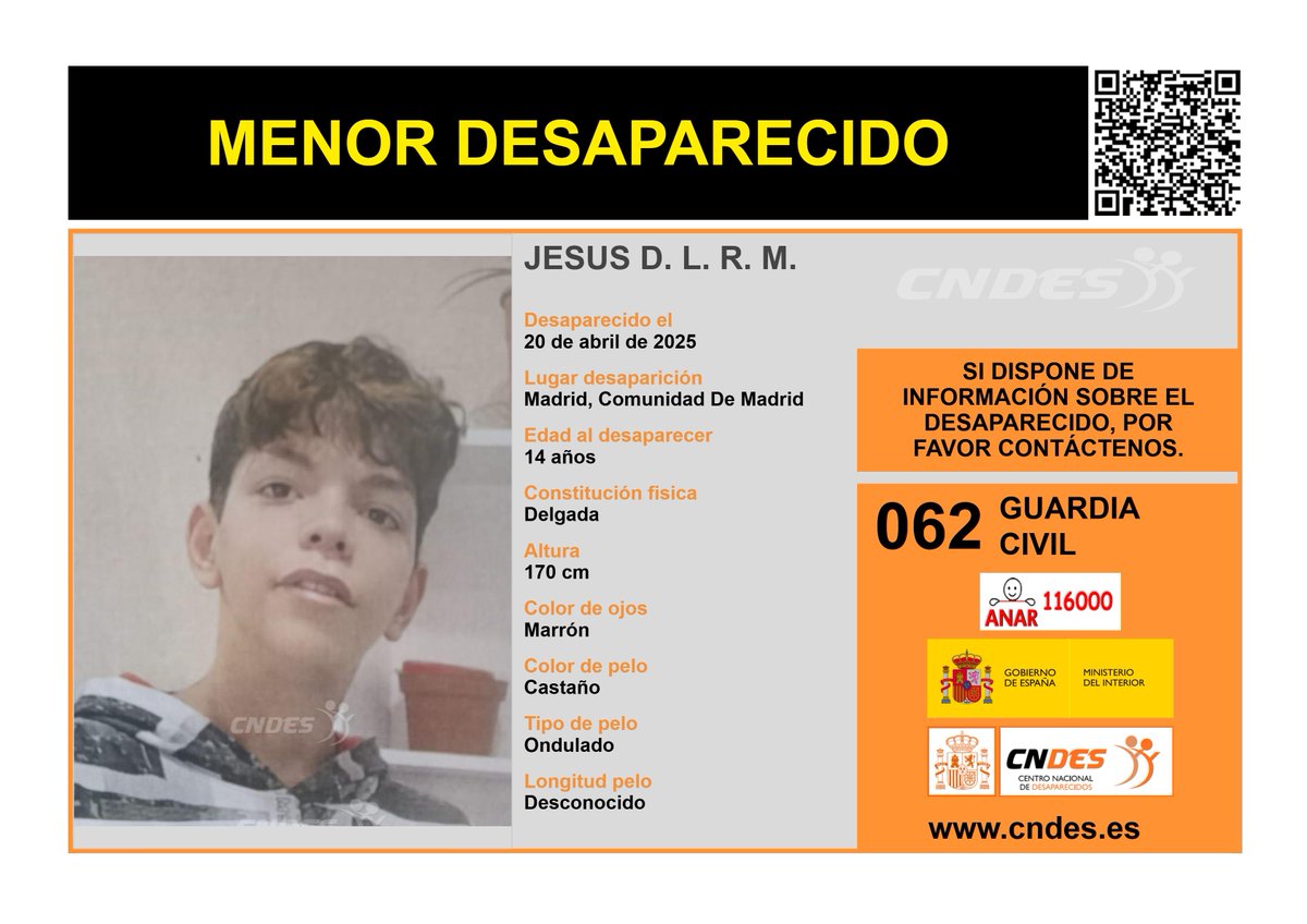 ⚠️‼️MENOR DESAPARECIDO‼️⚠️
ℹ️🚹14 años
🔍Vista por última vez en #Madrid
⏰Tu ayuda es fundamental
🔗RT y colabora
A través📩cndes-web.ses.mir.es/publico/Desapa….
📞062 <a href="/guardiacivil/">Guardia Civil</a>
☎️116000
🛰️Síguenos en <a href="/cndes_oficial/">CNDES</a>
#menor #desaparecido