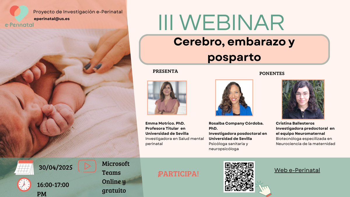 🧠 ¡Vuelve nuestro seminario!  Este 30 de abril (16h, España) te invitamos a "Cerebro, embarazo y posparto", con Cristina Ballesteros de @Neuromaternal 💬✨  💻 Online vía Teams 📝 Inscripción aquí:docs.google.com/forms/d/1n1477… #ePerinatal #NeurocienciaMaterna