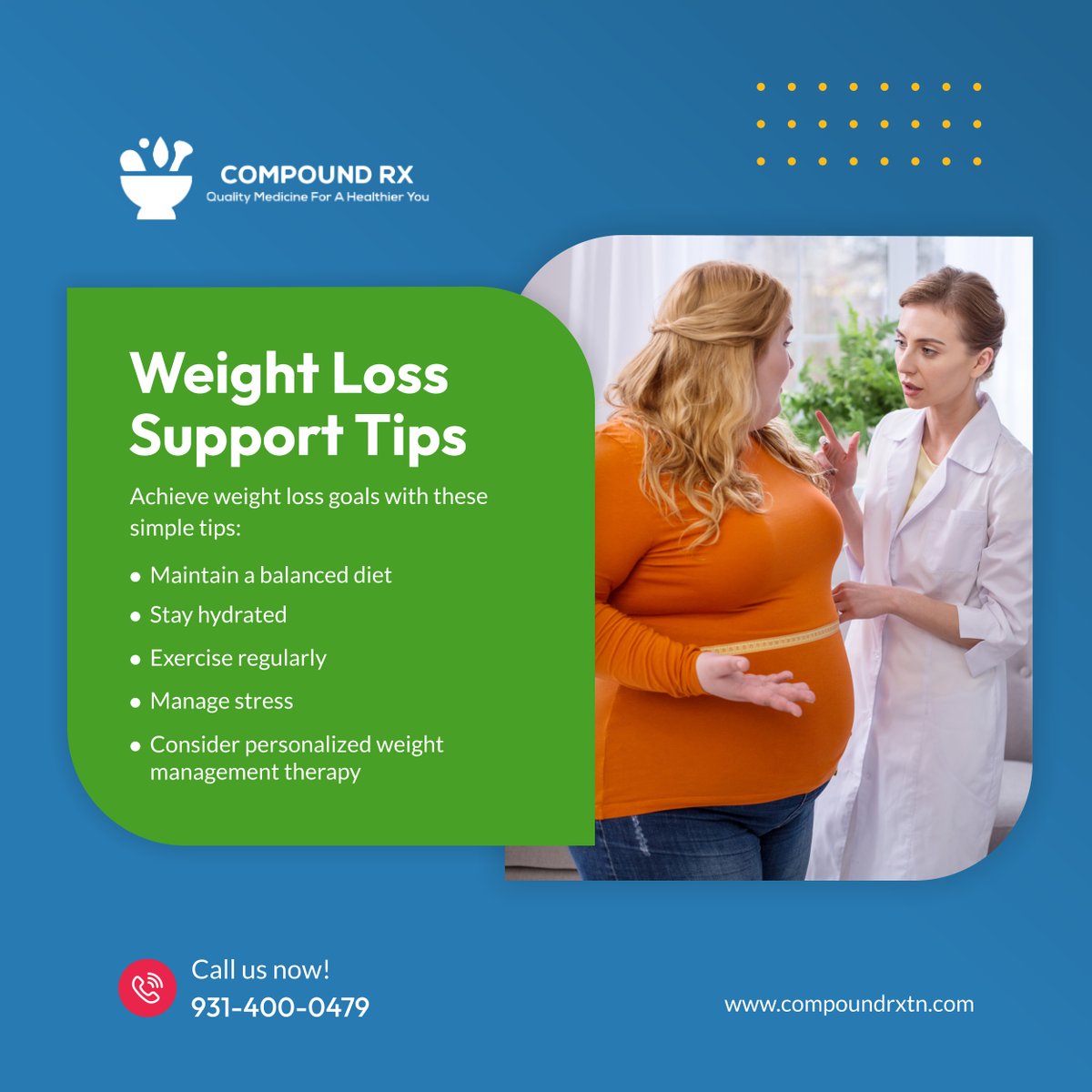 CompoundRx24's tweet image. Struggling with weight loss? These essential tips can help! Need customized support? Our personalized therapies can assist. Contact us today! 

#CookevilleTN #CompoundingPharmacy #WeightLoss
