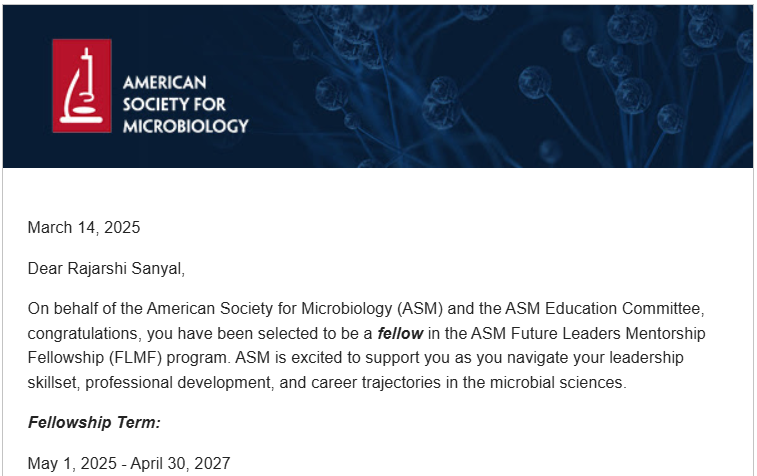 rajarshi_sanyal's tweet photo. Honored to be selected as a Fellow in the ASM Future Leaders Mentorship Fellowship (FLMF) program! Grateful to @ASMicrobiology for this opportunity to grow, connect & contribute to the scientific community. Looking forward to the journey ahead!π±π¬ #ASMFLMF #leadershipmentorship https://t.co/PKHL2fsaSe