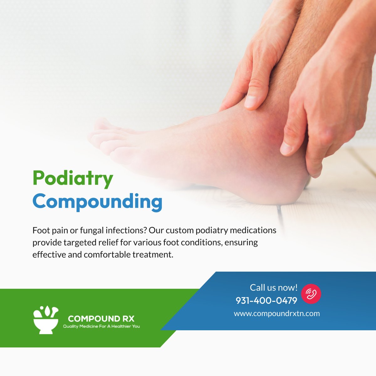 CompoundRx24's tweet image. Healthy feet, happy life! Get customized podiatry medications tailored to your needs. Contact us today for relief! 

#CookevilleTN #CompoundingPharmacy #FootHealth