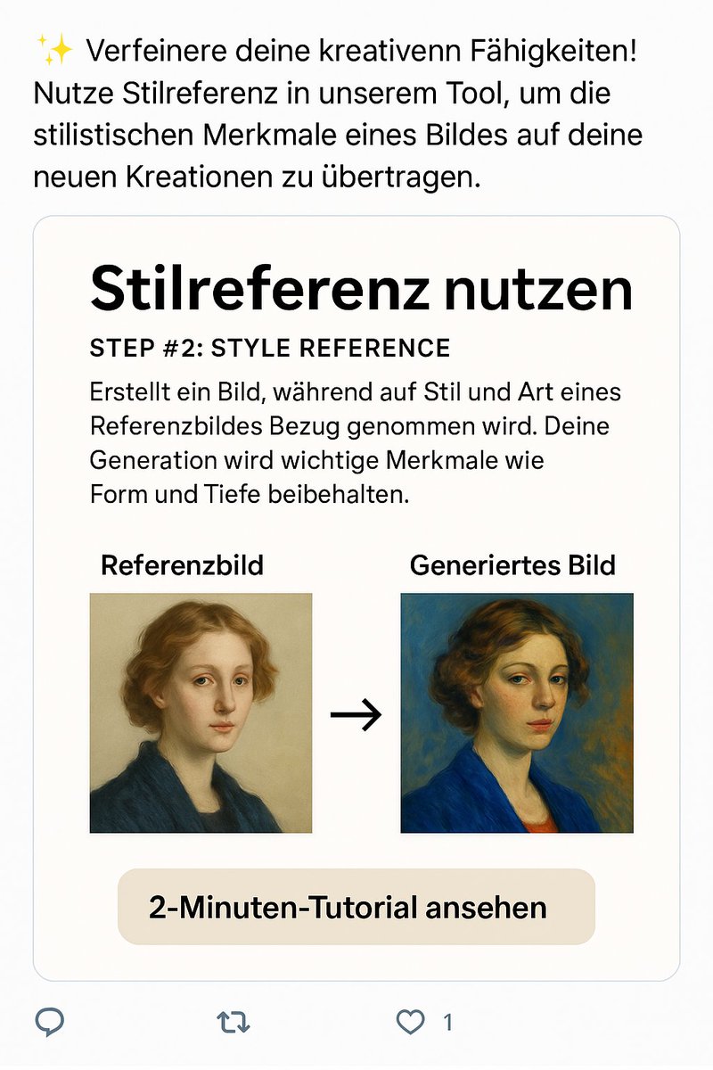 dirklickschat's tweet photo. 🎨 Style matters! So gibst du deinen Bildern den perfekten Look – ganz automatisch.

Du liebst ein bestimmtes Design, einen Farb-Look oder eine spezielle Lichtstimmung – aber du bekommst das in deinen eigenen Bildern nicht so richtig hin?

Mit dem Style Reference Feature des Imag https://t.co/kRbNBwf78c