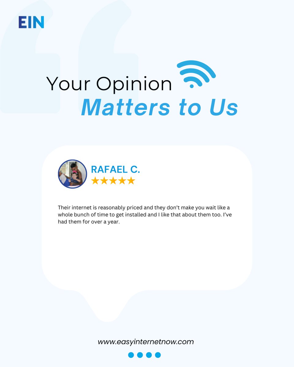 EasyInternetNow's tweet image. We are thrilled by this fantastic review!

We're delighted to provide you with our service. Thank you for taking the time to share your experience.

👉 Check Internet Availability in Your Area Now: easyinternetnow.com/check-availabi…

#InternetAvailability #internetprovider #fiberspeed #wifi