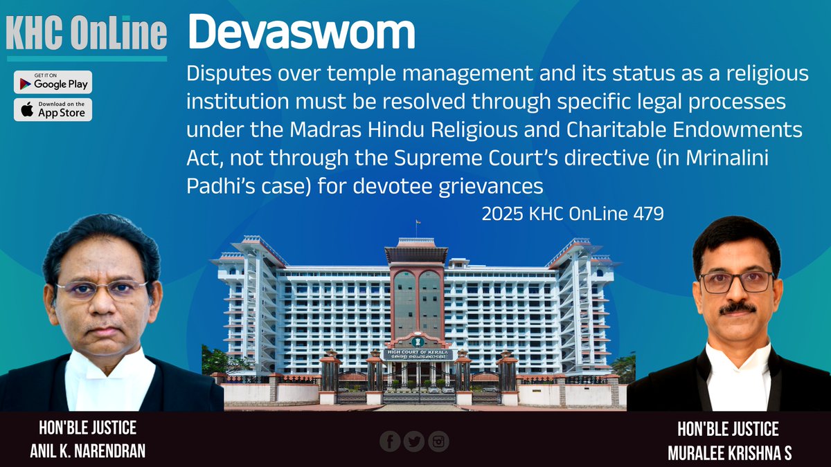 khconline1's tweet image. #Devaswom #TempleManagementDispute #ReligiousInstitutionStatus #MadrasHRCEAct #SpecificLegalProcess #SupremeCourtDirectiveNotApplicable #MrinaliniPadhiCase