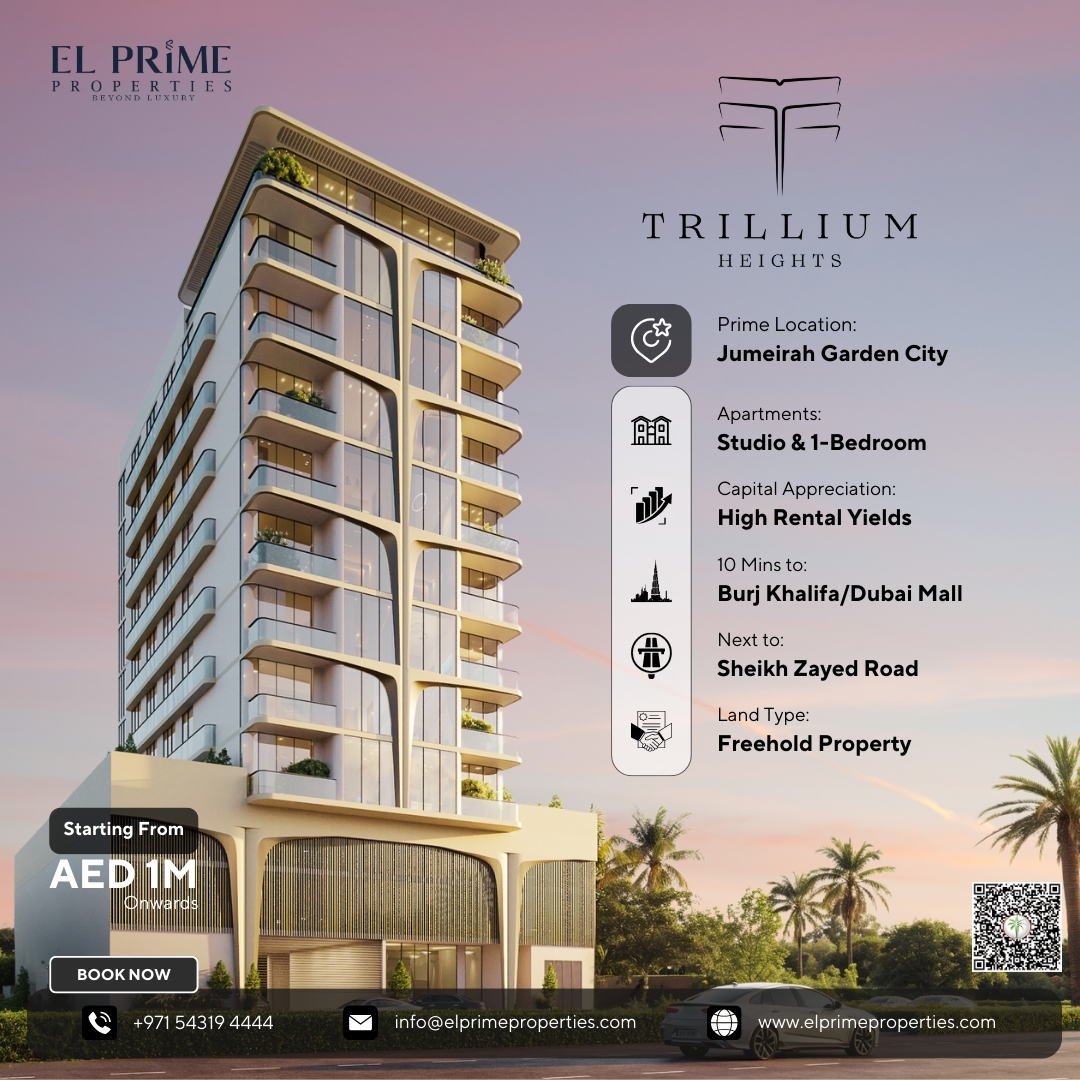 ElprimePro's tweet photo. Trillium Heights by El Prime Properties

🏡 Prime Location: Jumeirah Garden City
✨ Apartments: Studio &amp; 1-Bedroom
🔥 Capital Appreciation: High Rental Yields
🚀 10 Mins to: Burj Khalifa / Dubai Mall
✅ Next to: Sheikh Zayed Road

💰 Starting From: AED 1M* https://t.co/GPLJMuVfcq