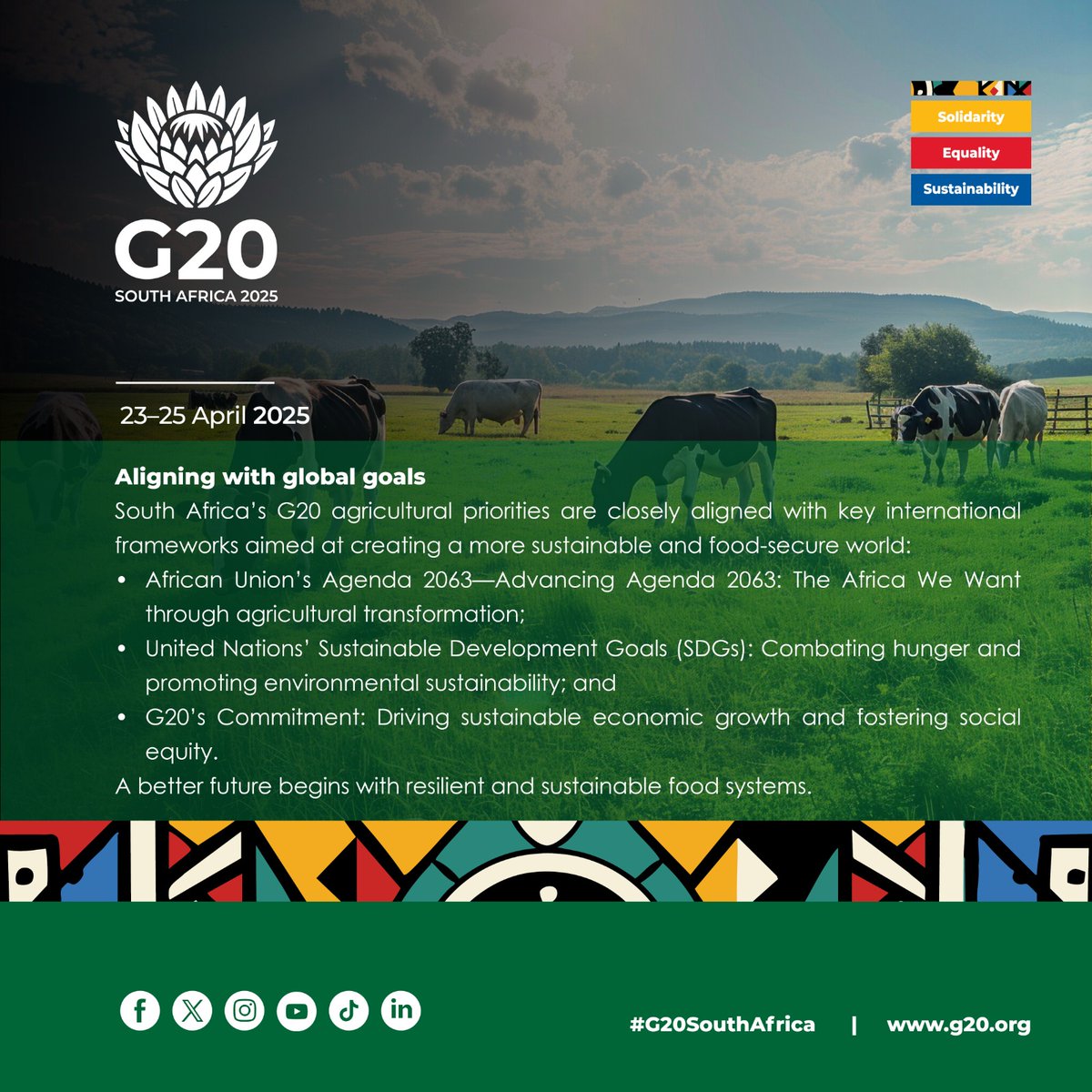 Driving Global Change Through Agriculture | South Africa’s🇿🇦 participation in the #G20 agriculture track is firmly rooted in both its continental and global commitments.

Our agricultural priorities are fully aligned with:

▪️The African Union’s Agenda 2063;

▪️The United