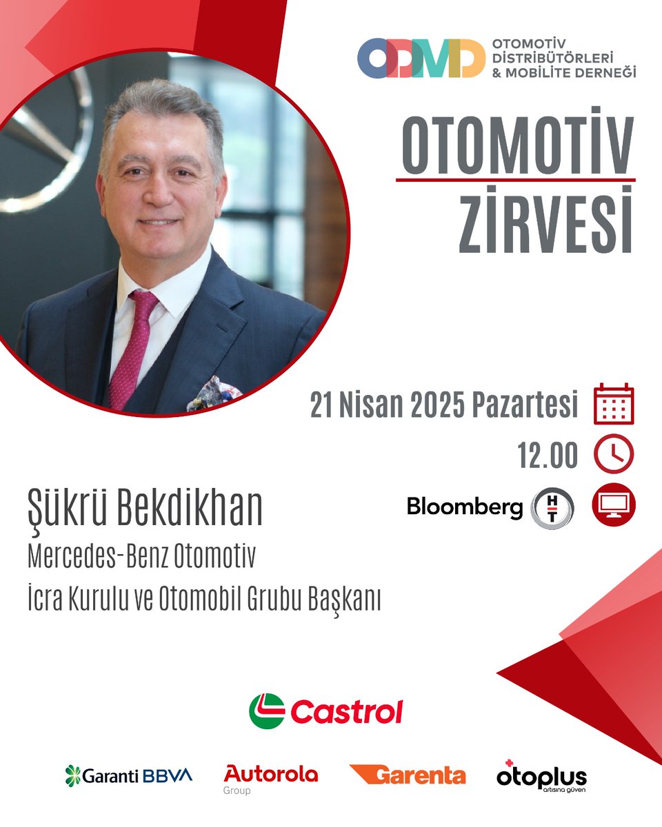 Otomotiv Distribütörleri ve Mobilite Derneği (ODMD) ile Bloomberg HT işbirliğinde 5.'sini gerçekleştirdiğimiz Otomotiv Zirvesi’nin bugünkü programına Mercedes-Benz Otomotiv İcra Kurulu ve Otomobil Grubu Başkanı Şükrü Bekdikhan konuk oluyor. Yayın 12. 00’de Bloomberg Ht TV’de.