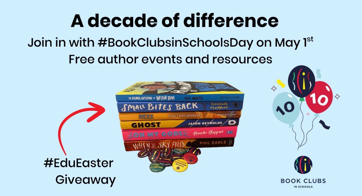 Mr G (@deputygrocott) on Twitter photo The final EduEaster giveaway comes from <a href="/Schoolbookclubs/">Book Clubs in Schools</a> who are donating a stack of books and some badges! They are celebrating a decade of difference on May 1st (bookclubsinschools.org/10-years/) with free author events. Just like, repost and reply with EduEaster to enter. The final EduEaster giveaway comes from <a href="/Schoolbookclubs/">Book Clubs in Schools</a> who are donating a stack of books and some badges! They are celebrating a decade of difference on May 1st (bookclubsinschools.org/10-years/) with free author events. Just like, repost and reply with EduEaster to enter.