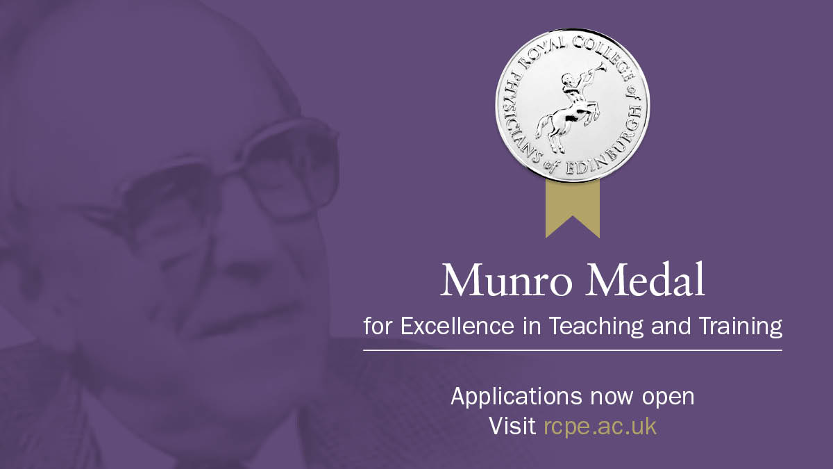 RCPEdin's tweet photo. Nominations now open for The John Munro Medal. This annual award recognises the significant contribution of trainees and SAS doctors to teaching and training, with a prize of £500 and a medal. 

Submissions close Monday 14 July: https://t.co/Ipxm0PWCYT https://t.co/b65Ohmm9Zt