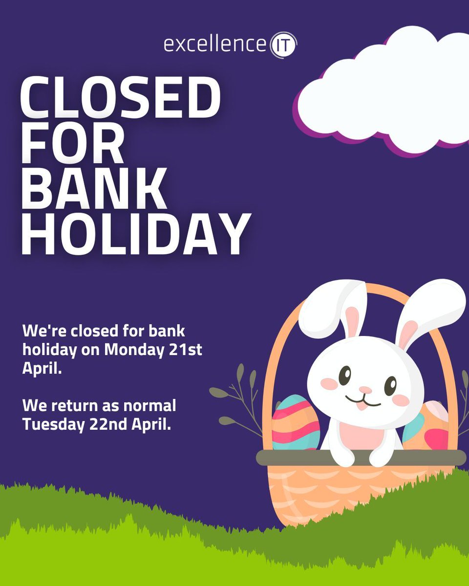We are closed for the Bank Holiday on Monday 21st. 

We will return as normal Tuesday 22nd 8am.

Happy Easter! 🐰