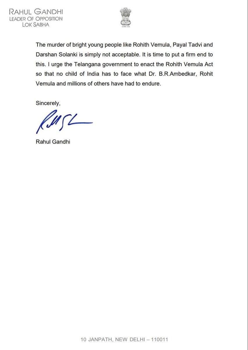 "The murder of bright young people like Rohith Vemula, Payal Tadvi and Darshan Solanki is simply not acceptable. It is time to put a firm end to this. 

I urge the Telangana government to enact the Rohith Vemula Act so that no child of India has to face what Dr. B.R.Ambedkar,
