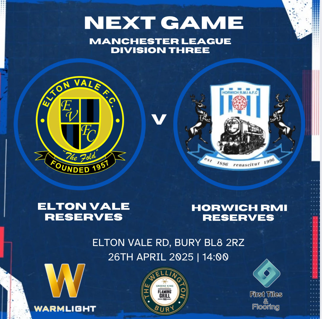 Elton Vale FC (@eltonvalefc) on Twitter photo Our 1st Team have no fixture this weekend !
Reserve Team will be back in action and are hosting <a href="/HorwichRMIAFC/">Horwich RMI AFC</a> Reserves in their penultimate home game of the season down at Vale so you can still get your football fix !
Please get down and support if you can ! 🤝
#UTV🔵⚫️ Our 1st Team have no fixture this weekend !
Reserve Team will be back in action and are hosting <a href="/HorwichRMIAFC/">Horwich RMI AFC</a> Reserves in their penultimate home game of the season down at Vale so you can still get your football fix !
Please get down and support if you can ! 🤝
#UTV🔵⚫️