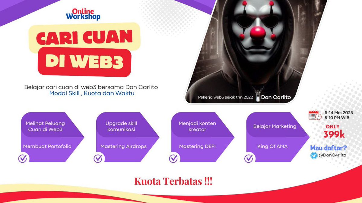 Cryptorealis's tweet image. Beasiswa belajar gratis di workshop cara cari cuan di web3 bersama Don Carlito #Batch4

Beasiswa ini diberikan oleh @fierzafajri 

syarat : 
- Follow bro @fierzafajri 
- RT
- coment kenapa km layak dapet beasiswa. 

close besok pukul 23.59 WIB

Good Luck !