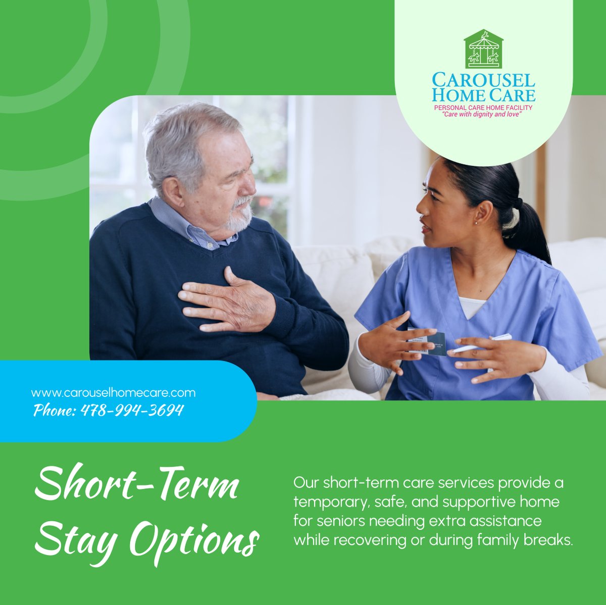 carouselhc's tweet image. Need temporary care? Our short-term stay options offer professional assistance and comfort for seniors. Call us to learn more! 

#ForsythGA #AssistedLiving #TemporaryCare