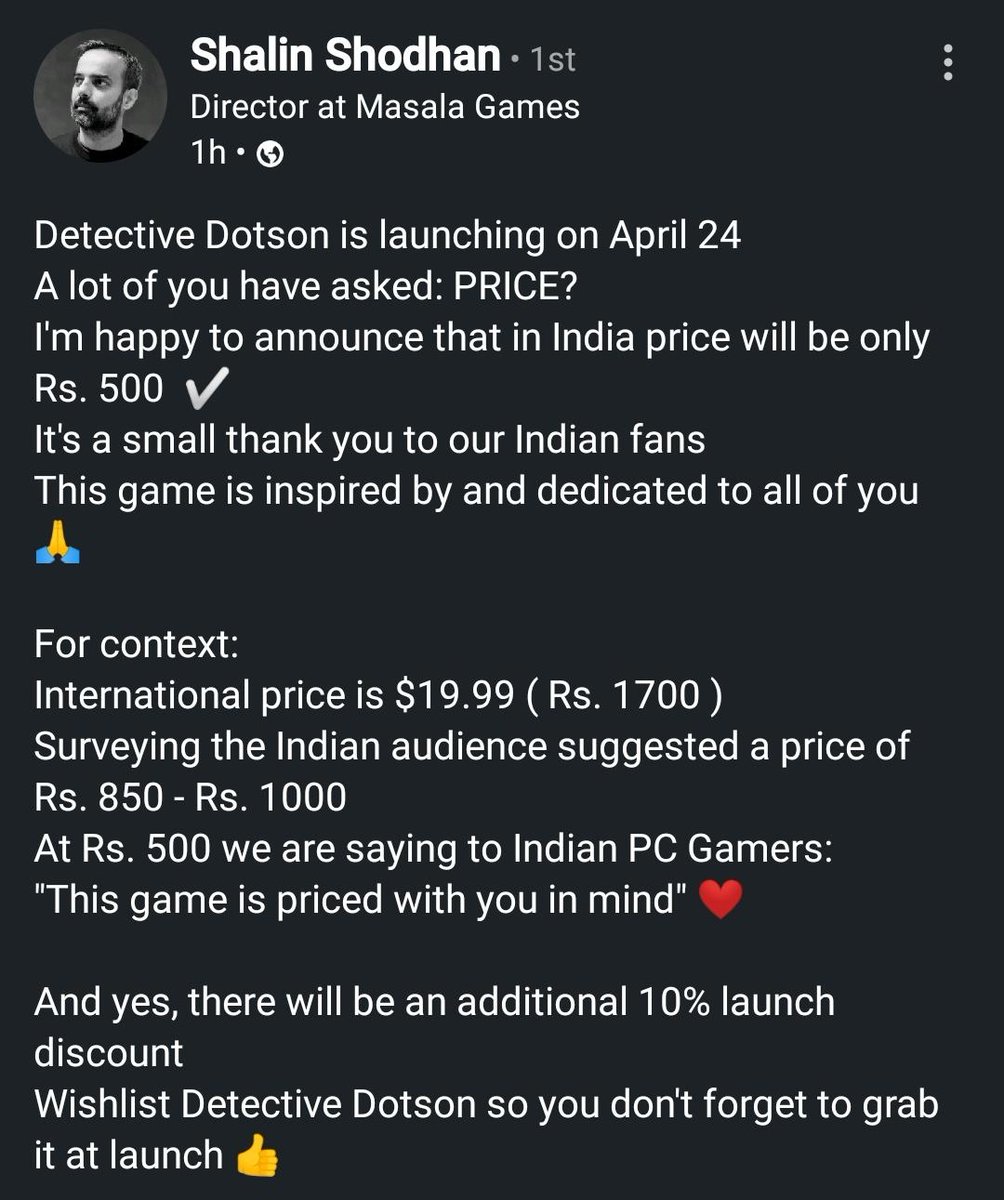 Shivvvvam's tweet photo. Making Detective Dotson available for ₹500 is an excellent decision by the development team.@MasalaGames 👍
10% launch discount, don't forget
The investigation begins on April 24th. Are you ready to crack the case? #DetectiveDotson 🔎 https://t.co/r4KWW5R9Xq