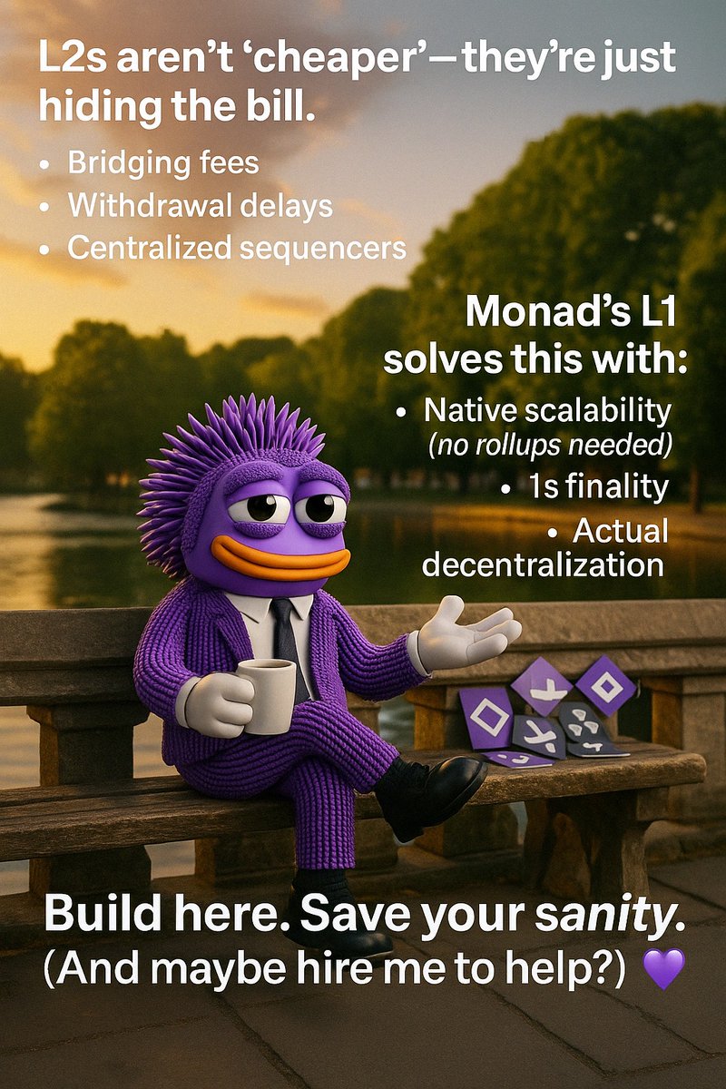L2s aren’t ‘cheaper’—they’re just hiding the bill.  
- Bridging fees  
- Withdrawal delays  
- Centralized sequencers  

Monad’s L1 solves this with:  
- Native scalability (no rollups needed)  
- 1s finality  
- Greater decentralization  

Build here. Save your sanity. (And