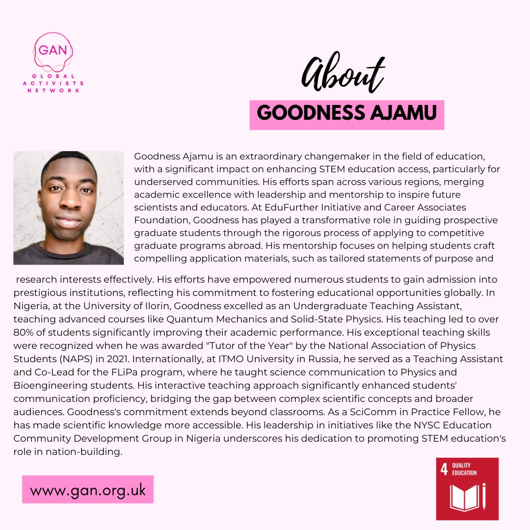 GanLeadership's tweet photo. This week, we spotlight @goodnessajamu6 — a rising force in the world of STEM education and global mentorship!

From teaching Quantum Mechanics @UnilorinNGR #Nigeria to training science communicators @itmouni #Russia, Goodness is transforming access to quality STEM learning... https://t.co/cvr7k3u55n