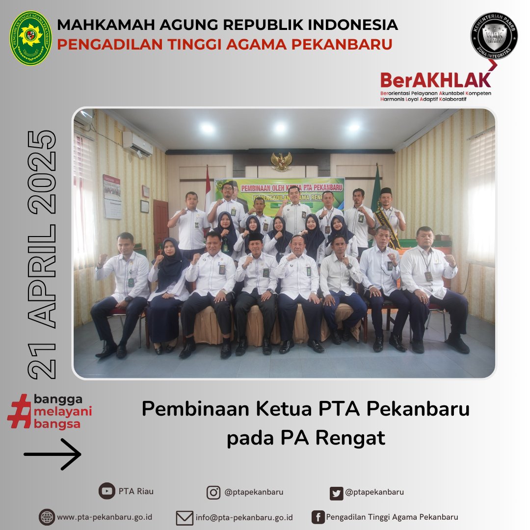 Rengat, 21 April 2025

Ketua Pengadilan Tinggi Agama Pekanbaru, Dr. H. Zulkifli Yus, M.H., beserta rombongan melaksanakan pembinaan bagi jajaran hakim dan pegawai Pengadilan Agama Rengat.