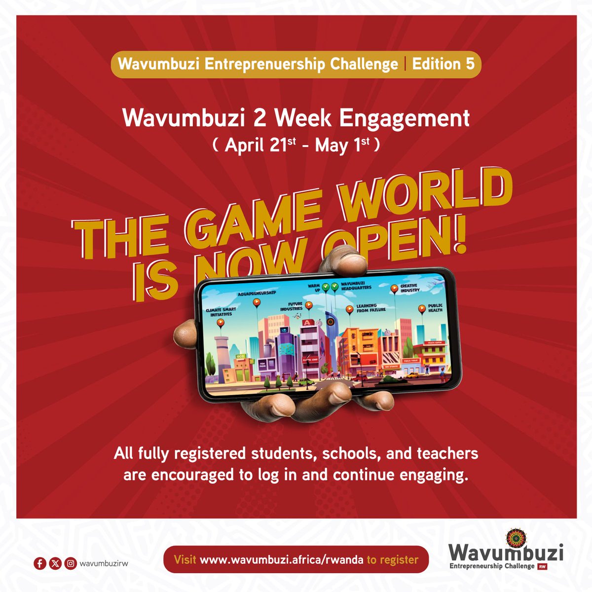 Announcement🔊🔊!

The Wavumbuzi Game World is now open to all fully registered students of Edition 5 for the next two weeks. Time to explore! Just a friendly reminder to complete a few things to fully engage:

1. Complete the Training Centre Quest
2. Finish at least one more