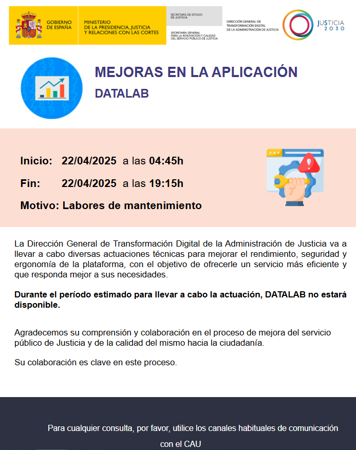 📢AVISO: Mañana, por labores de mantenimiento, el portal de datos DATALAB verá interrumpido su servicio.