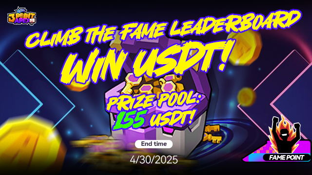 AllStar_3Point's tweet photo. 🏆Climb the Fame leaderboard & Win USDT!🔥
📅Event Time: Apr21 - Apr 30

📌Rules of Participation:
Rank high on the in-game Fame Leaderboard to win big!

🎁Rewards:
👑 Top 1: 50 USDT + Direct entry to APEX CLUB + Exclusive Title
🏀 Top 2: 30 USDT + APEX CLUB access
🔥 Top 3-5: 10 USDT + APEX CLUB access
🔥 Top 6-10: 5 USDT
🔥 Top 11-20: 2 USDT

📢Rewards will be sent within 48h after Apr 30!
🏀 Get ranked, get rewarded — time to dominate! 🔥