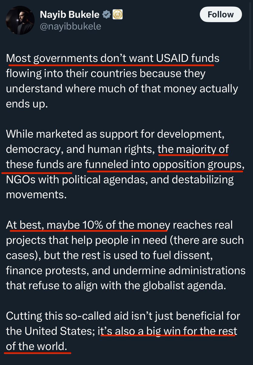 kinda weird how pretty much zero foreign leaders in these countries where “millions will die” without USAID programs have come out &amp; said “noooooo bring back your USAID programs”

why have the heads of state of Mexico, El Salvador &amp; half of Africa say they support the shutdown?
