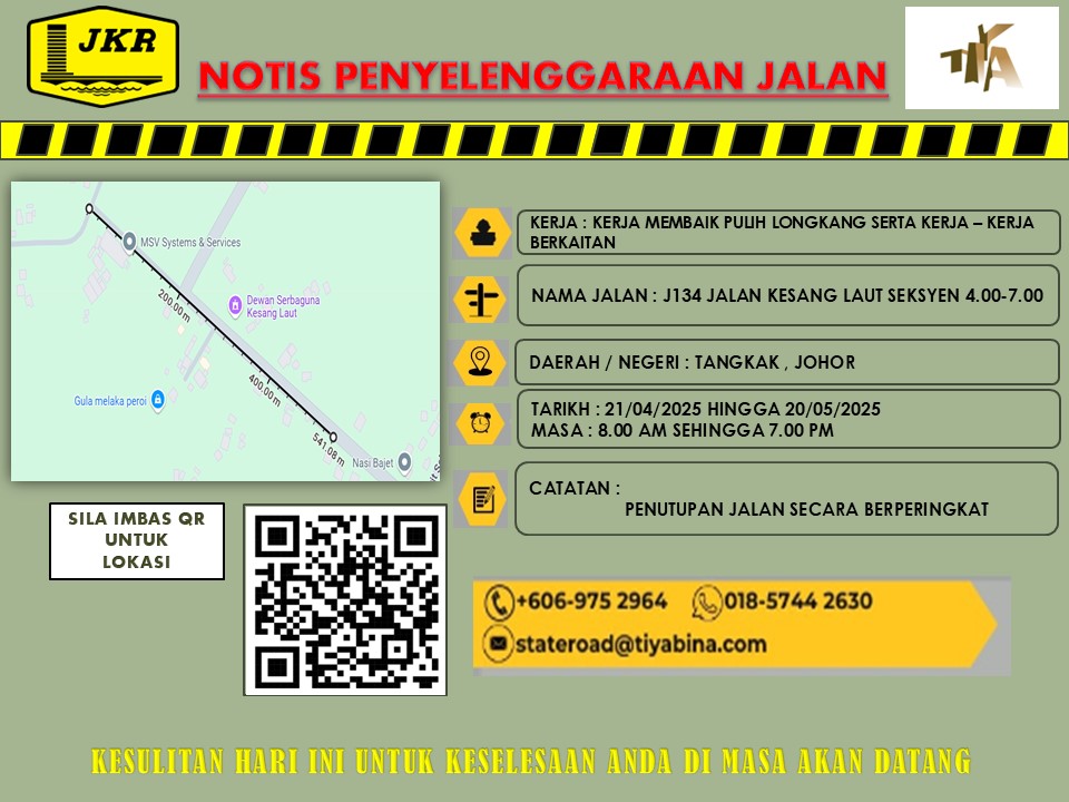 NOTIS PENYELENGGARAAN JALAN

KERJA–KERJA MMBAIK PULIH LONGKANG SERTA KERJA–KERJA BERKAITAN DI J134 JLN KESANG LAUT SEKSYEN 4.00–7.00 TANGKAK JOHOR. PNUTUPN JLN SECARA BRPERINGKAT AKN DLAKSANAKN.

TARIKH : 21/04/2025–20/05/2025
MASA : 8.00 AM–7.00 PM

SILA PATUHI PAPAN TANDA JKR.