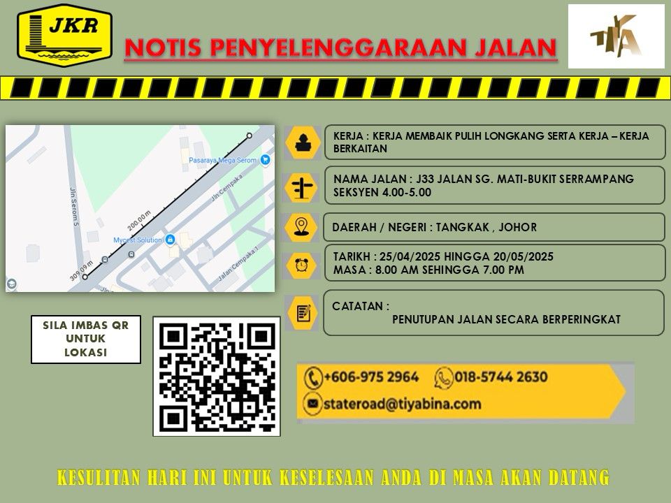 NOTIS PENYELENGGARAAN JALAN

KERJA2 MEMBAIK PULIH LONGKANG SERTA KERJA2 BERKAITAN DI J33 JLN SG. MATI–BKT SERAMPANG SEKSYEN 4.00–5.00 TANGKAK JOHOR. PNUTUPN JLN SECARA BRPERINGKAT AKN DLAKSANAKN.

TARIKH : 25/04/2025–20/05/2025
MASA : 8.00 AM–7.00 PM

SILA PATUHI PAPAN TANDA JKR.
