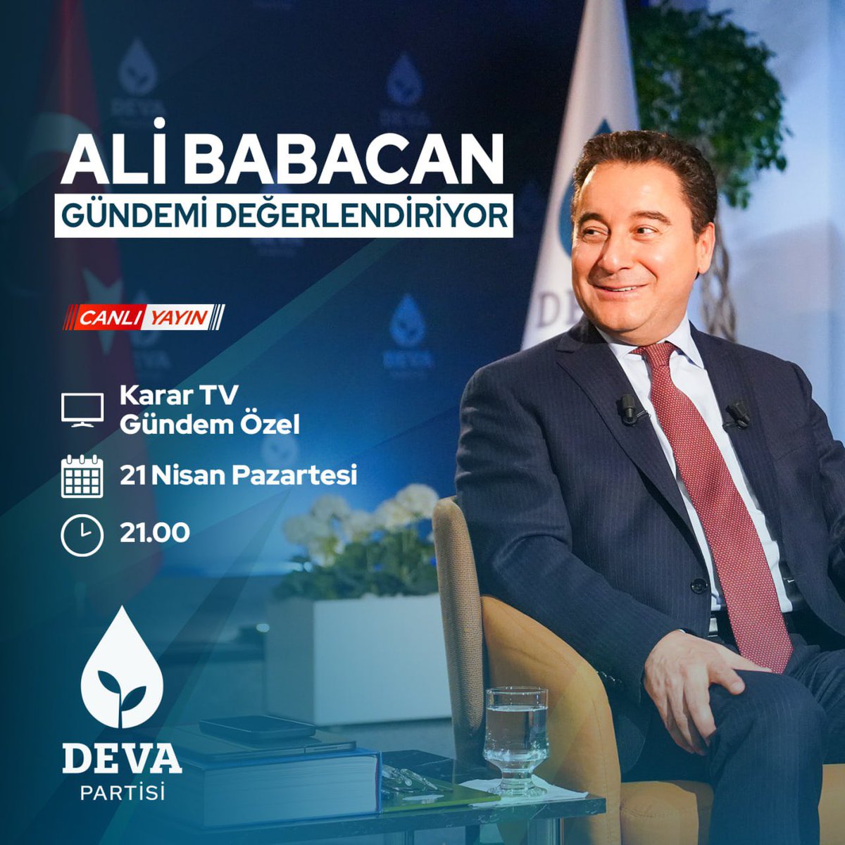 devapartisi's tweet photo. Genel Başkanımız Ali Babacan, bugün saat 21.00'de Karar TV’de Taha Akyol ve Elif Çakır ile Gündem Özel programında gündemi değerlendirecek.

@KararHaber @takyol96 @elifcakirr https://t.co/ni4ku3H3YT