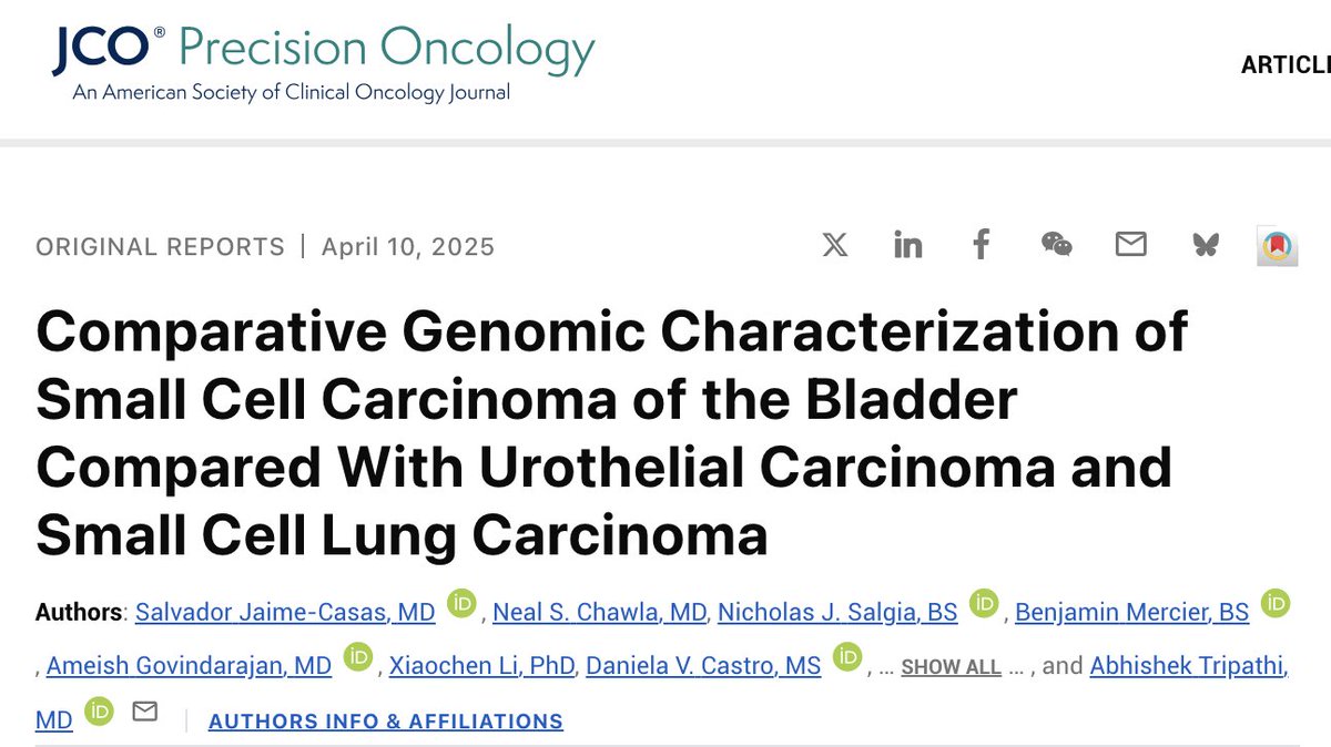 ⚡️ <a href="/JCOPO_ASCO/">JCO Precision Oncology</a> - Small cell bladder cancer (SCBC) shows a distinct genomic profile vs. urothelial and small cell lung cancer. 

🔘 High TP53+RB1 co-mutation rates, plus actionable targets like PIK3CA and ERBB2/3, offer hope for tailored therapies. 

#BladderCancer