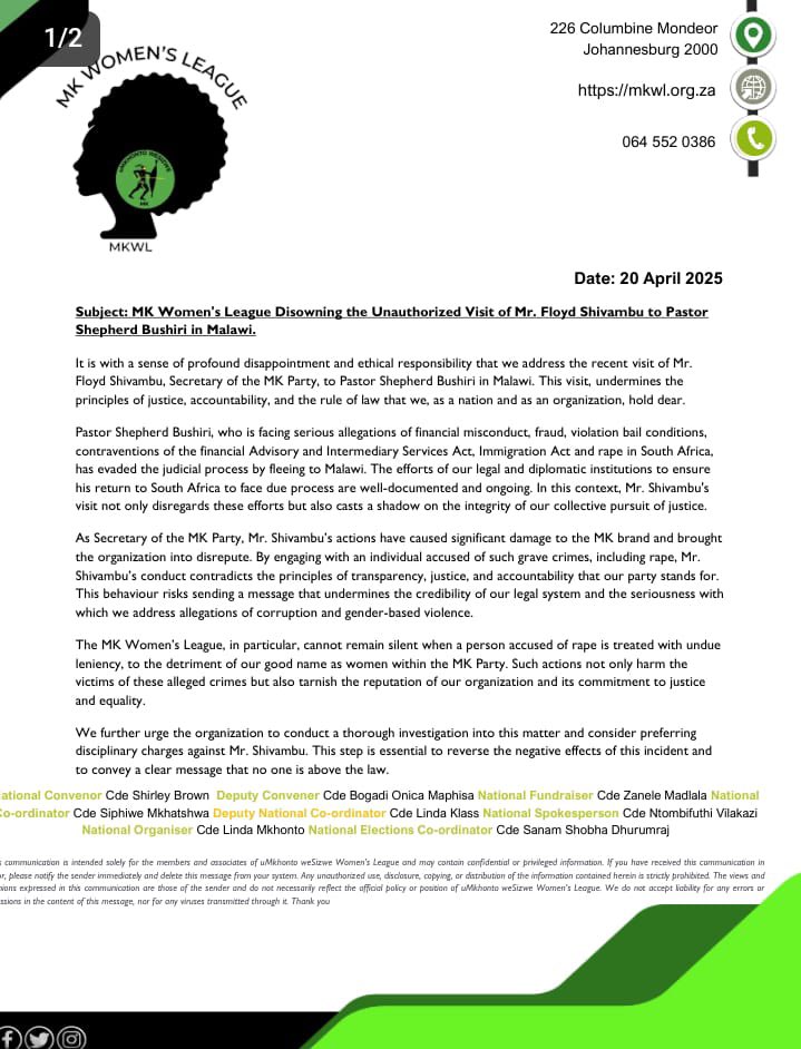 ApostleDeza's tweet photo. MK Party Women’s League Calls For Floyd To Face Disciplinary Proceedings‼️‼️‼️

“We further urge the organization to conduct a thorough investigation into this matter and consider preferring disciplinary charges against Mr. Shivambu.

As Secretary of the MK Party, Mr. Shivambu's actions have caused significant damage to the MK brand and brought the organization into disrepute. By engaging with an individual accused of such grave crimes, including rape, Mr.
Shivambu's conduct contradicts the principles of transparency, justice, and accountability that our party stands for.”

Commander Mary Phadi is immediately available to serve as The Secretary General while Floyd is processed. We Stand With The MK Party Women’s League During These Difficult Trying Times!😭😭😭🙌🏾