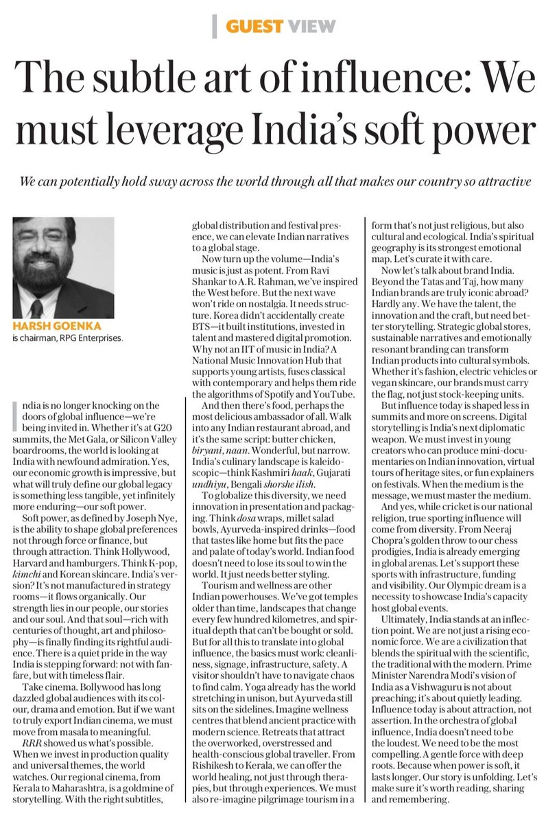 hvgoenka's tweet photo. My article on ‘soft power’  in the MINT newspaper https://t.co/rDnxoak5RU