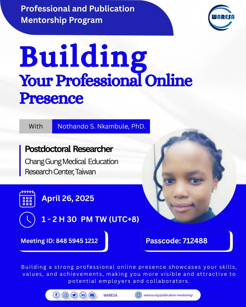 waresapage's tweet photo. π¨ Lecture #3 is here!
π African international students β ready to level up your professional online presence?
π
Apr 26 | π 1PM (Taiwan Time)
π€ Dr. Nothando S. Nkambule (@NothandoNkambu3)
π Zoom: 848 5945 1212 | π 712488
#WARESA #CareerGrowth #OnlinePresence #Networking https://t.co/DAvzMwdlHm