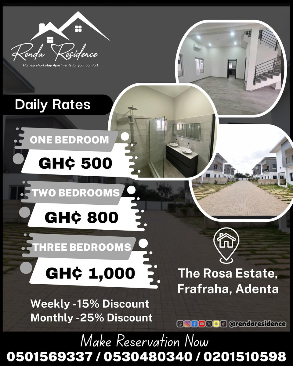 Need a cozy stay in Adenta?
Renda Residence offers 1–3 bedroom apartments from just GH₵500/night!
Get 15% off weekly &amp; 25% off monthly stays. Book now!

#RendaResidence #AdentaStay #ShortStayGH #ApartmentRental