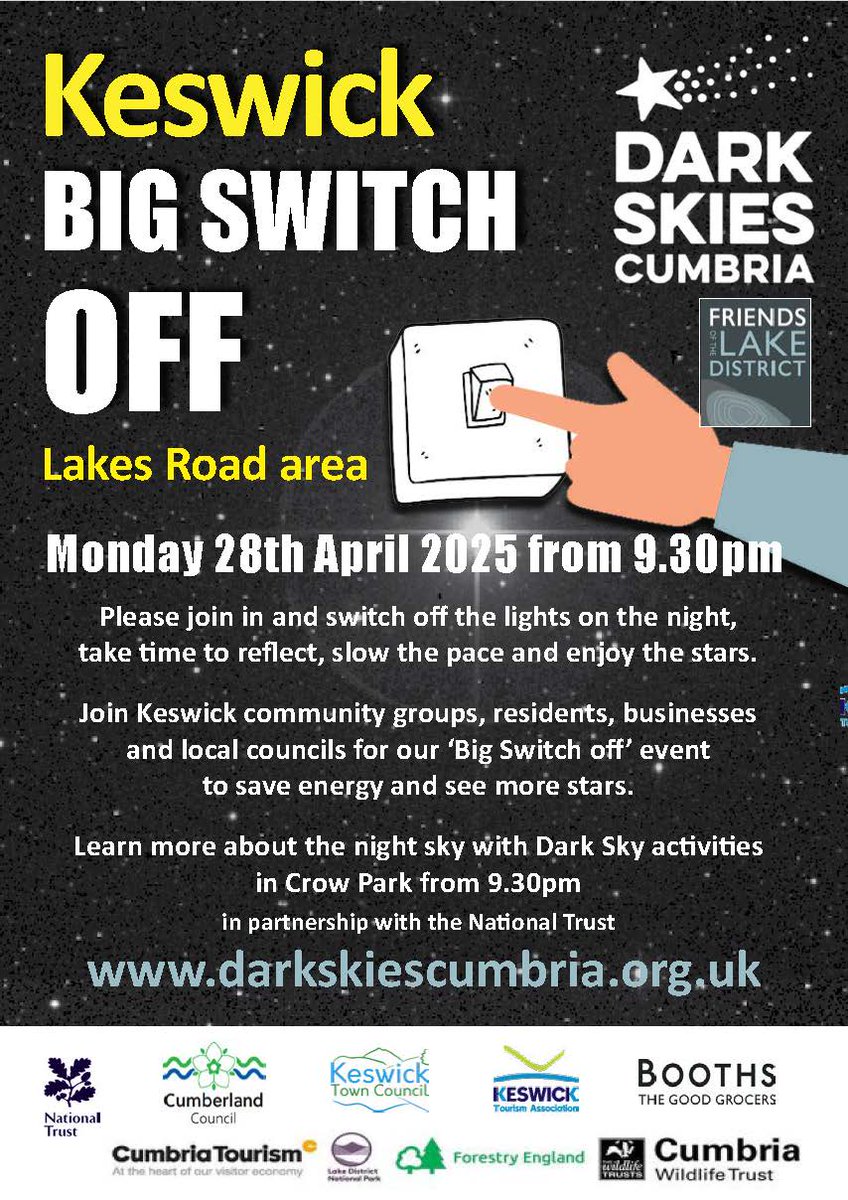 Friends of the Lake District (@friendsoflakes) on Twitter photo ๐ญโจ๐ Keswick Big Switch Off on Monday 28 April
Join residents, & businesses switching off the lights to save energy & see more stars. Lights out from 9.30pm. @gostargazing @RichDarn1@WandFCouncil <a href="/Sunnysidegh/">Sunnyside Guest House</a>
<a href="/cfds_uk/">Dark Skies UK</a> <a href="/IDADarkSky/">DarkSky International</a> <a href="/kielder_obs/">Kielder Observatory</a>
1/2 ๐ญโจ๐ Keswick Big Switch Off on Monday 28 April
Join residents, & businesses switching off the lights to save energy & see more stars. Lights out from 9.30pm. @gostargazing @RichDarn1@WandFCouncil <a href="/Sunnysidegh/">Sunnyside Guest House</a>
<a href="/cfds_uk/">Dark Skies UK</a> <a href="/IDADarkSky/">DarkSky International</a> <a href="/kielder_obs/">Kielder Observatory</a>
1/2