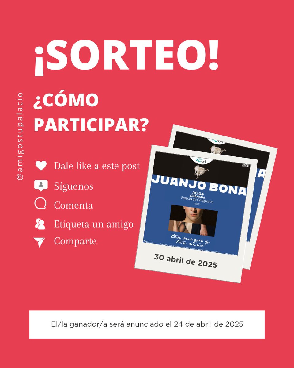 AmigosTuPalacio's tweet photo. #SORTEO 🌸🎸hasta el 23/04  
🎟️ Concierto de Juanjo Bona @juanjobonainfo #Granada 

✅ Sigue @AmigosTuPalacio
✅ Menciona 2 amigos 🎯
✅ RT 🔁 y Comenta 💬 al menos un beneficio de #AmigosdeTuPalacio
📢Ganador 03/04 por DM 📜 https://t.co/0BhNQsHdYx https://t.co/OAvyKhHAtn