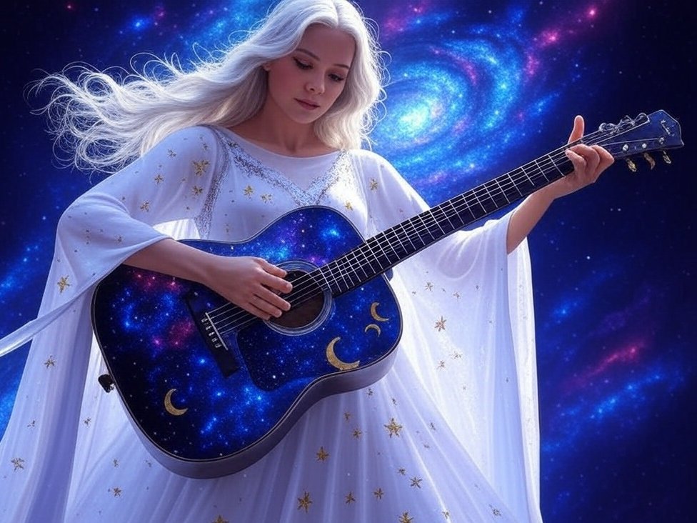 The guitarist is not a musician, she's a conjurer.

A conjurer of divine riffs that evoke profound emotions which transcend space and time and assimilates the listener into the cosmic fabric.