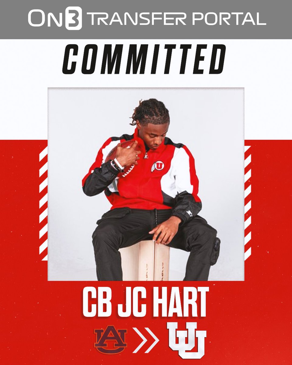 BREAKING: Auburn transfer CB JC Hart has committed to Utah, <a href="/PeteNakos_/">Pete Nakos</a> reports🔴

on3.com/transfer-porta…