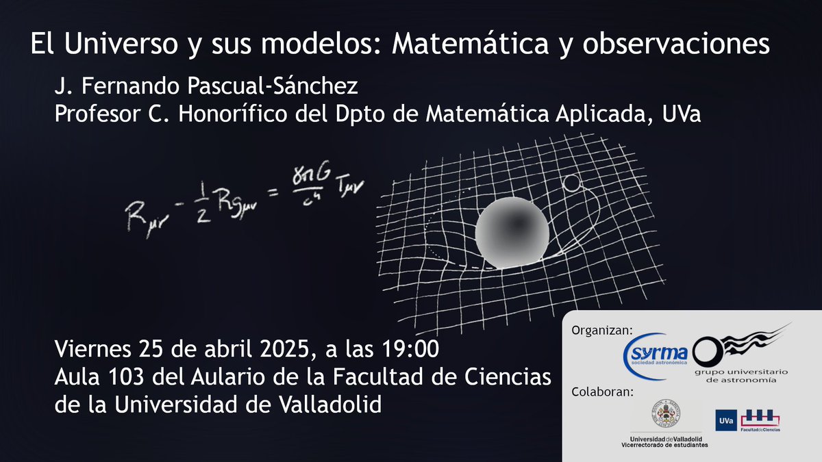 La charla de este viernes la impartirá Fernando Pascual,  que nos hablará de "El Universo y sus modelos: Matemática y observaciones". Todos los detalles en el cartel. ⬇️⬇️
